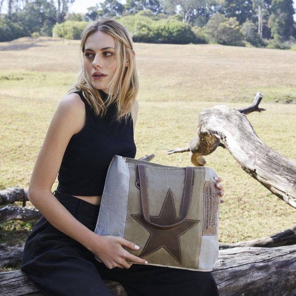 COPY - Myra Bag Handmade Edgy Tote Bag Upcycled Canvas & Cowhide Leather - Picture 1 of 9